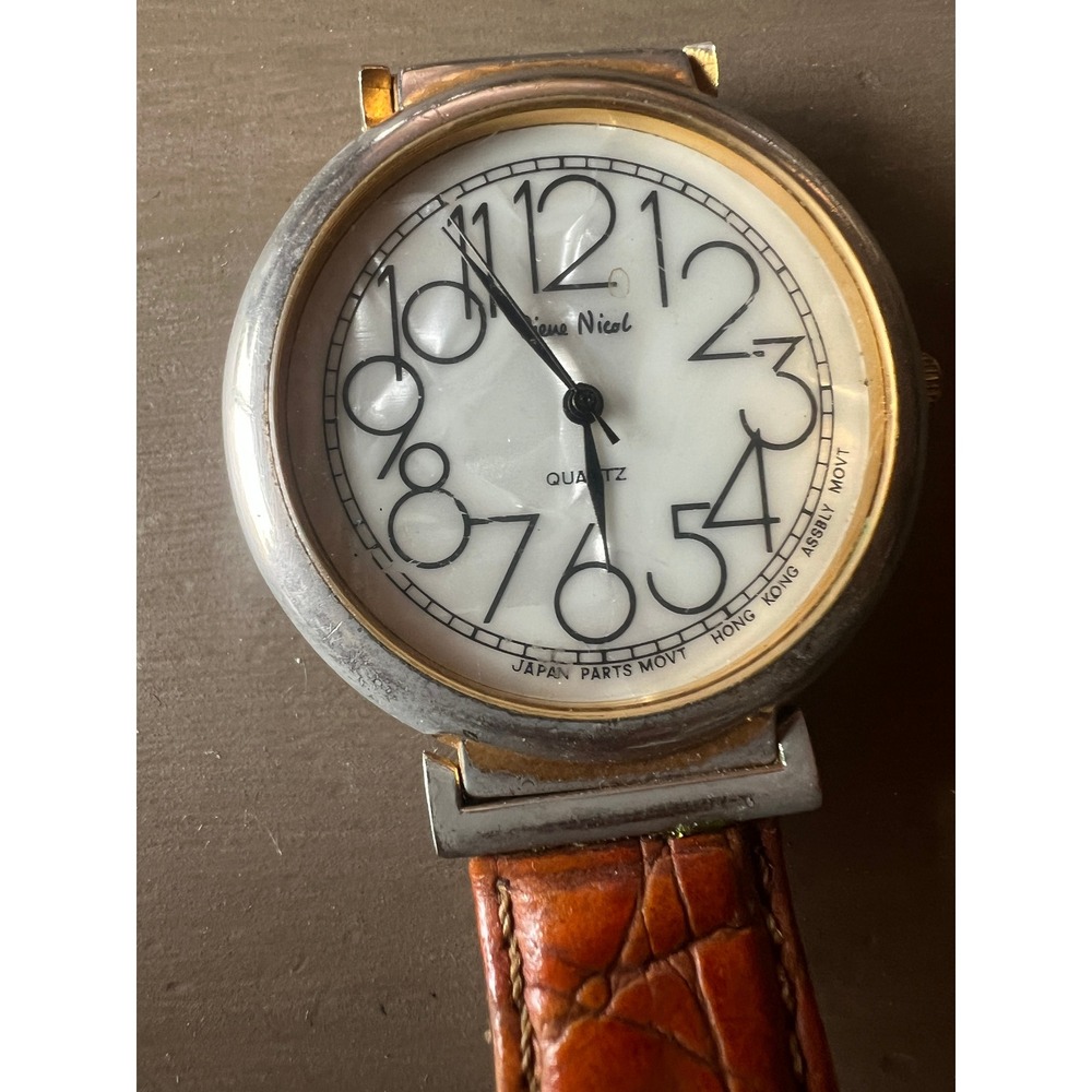 Pierre Nicol Quartz Watch‎ Brown Leather Two Tone READ Oversized Cracked Face